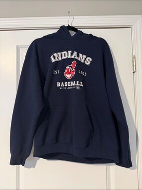 Vintage Stitches Cleveland Indians Baseball Hoodie Chief Wahoo Navy Blue Mens L